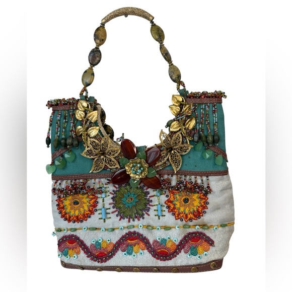 Mary Frances Purse Embroidered Beads Gold Bag Sun Lace Stones Boho Handmade READ - Picture 1 of 16
